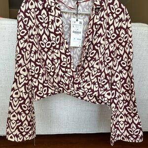 Zara Burgundy and Cream Patterned Wrap Blouse